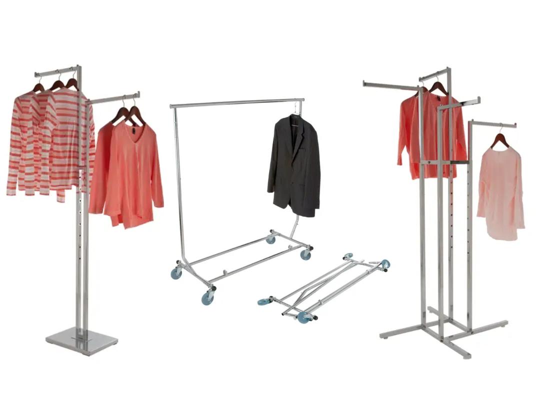 Chrome garment racks with apparel for retail display