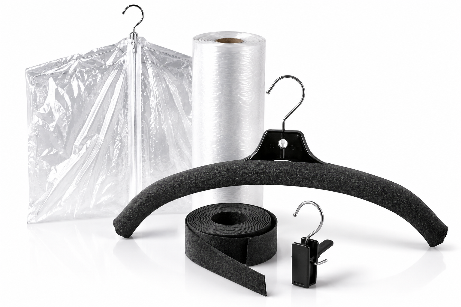 Hanger supplies including clear poly garment bags, foam hanger covers, foam roll, and hang-all clip