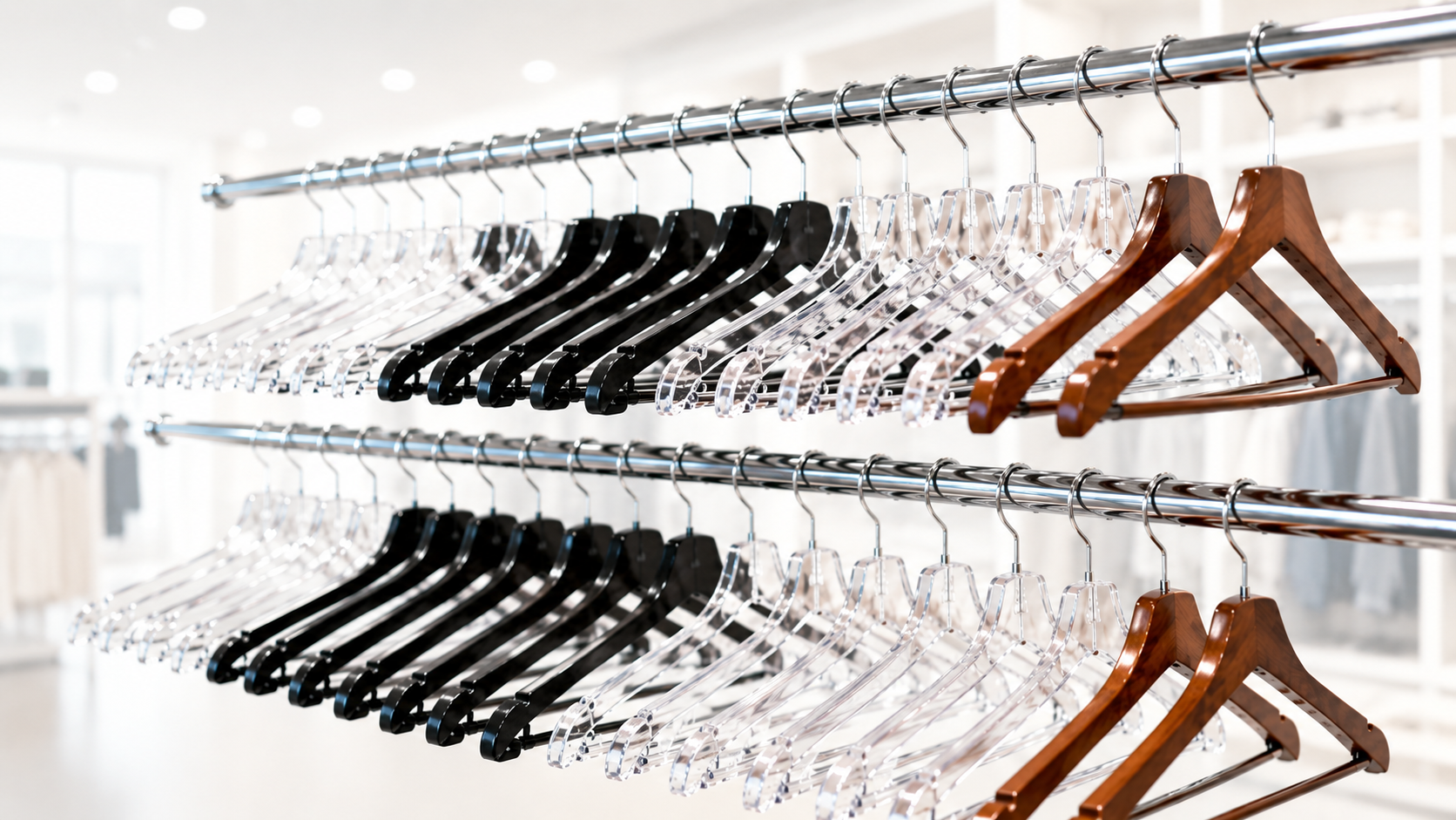 Clear, black, and wood retail hangers displayed on chrome rods