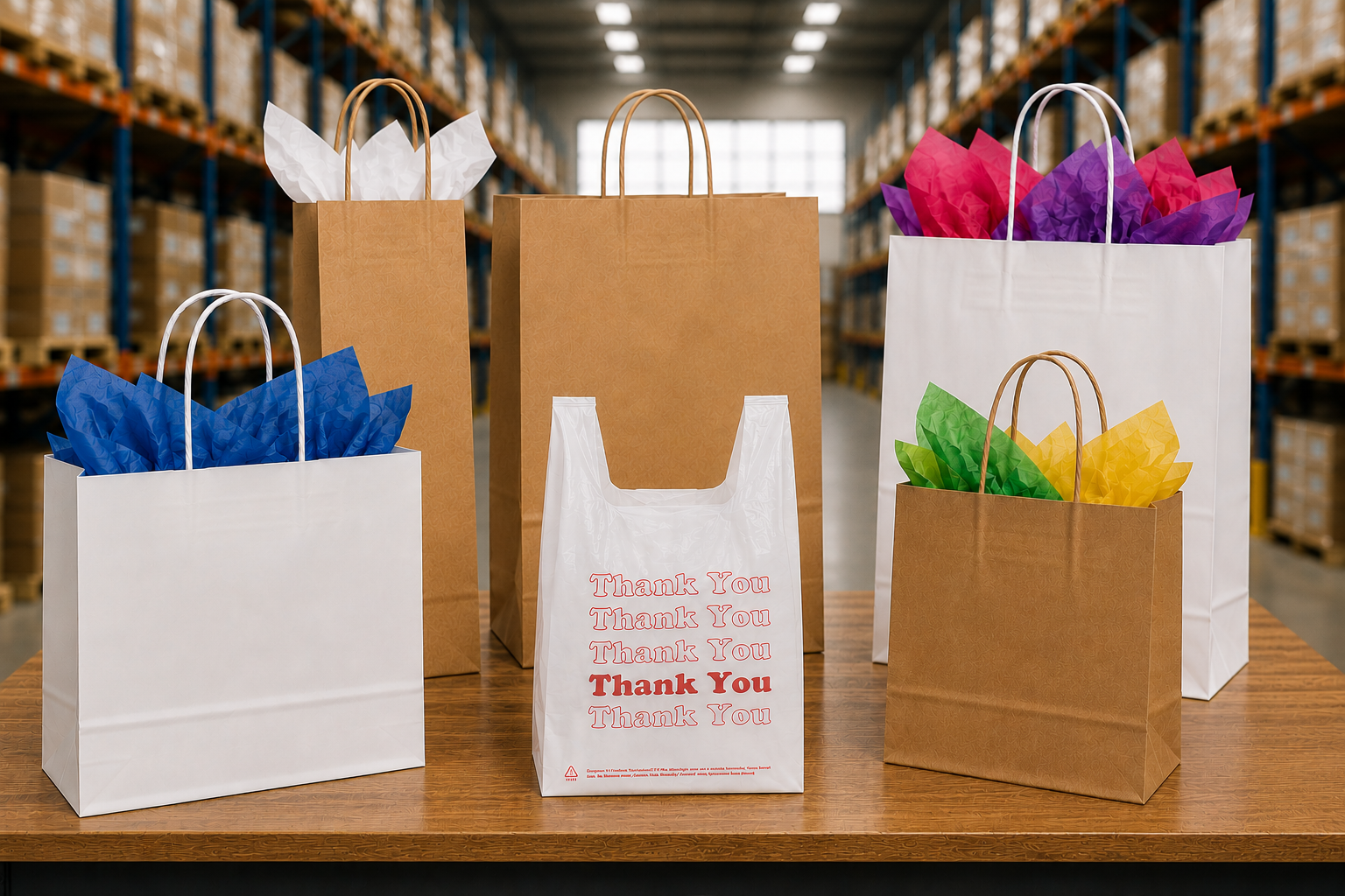 Wholesale retail bags, shopping bags, merchandise bags, and tissue packaging