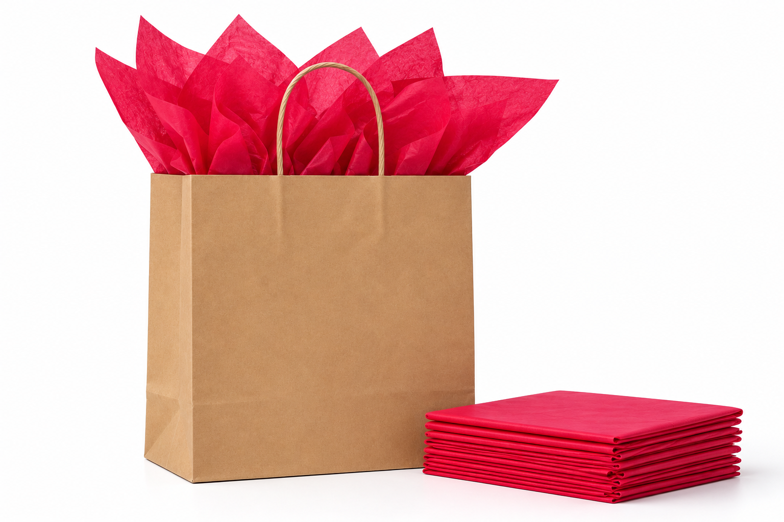 Kraft retail bag with cerise tissue paper